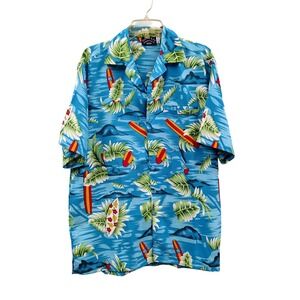 Pacific & Co Mens Blue Surfboard Tropical Hawaiian Button Down Shirt Size M